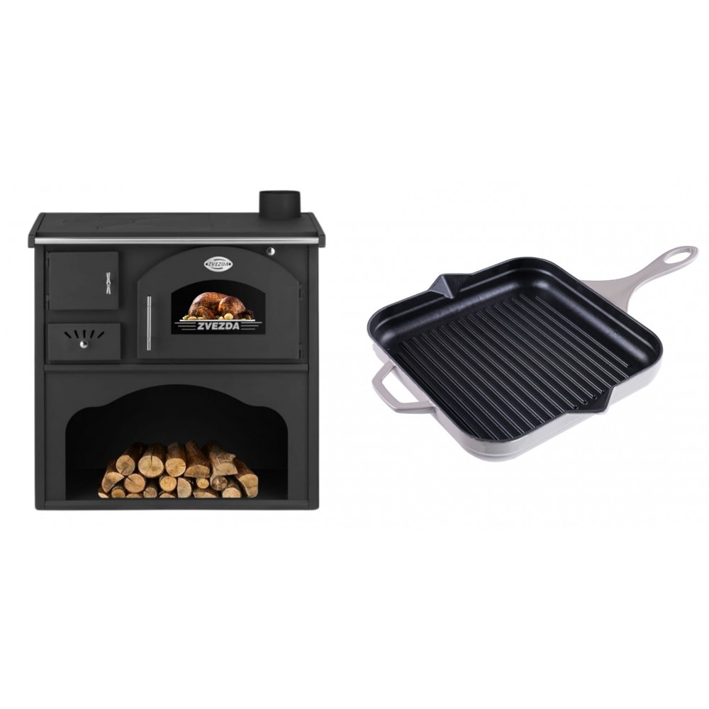 Set Küchenofen / Küchenhexe mit Backofen und Kochplatte Zvezda, Modell Classic GF, Leistung 5.9kW + Emaillierte grillpfanne Gusseisen Solagio, Ivory, 28x28cm