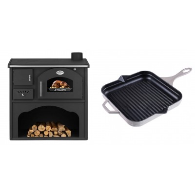 Set Küchenofen / Küchenhexe mit Backofen und Kochplatte Zvezda, Modell Classic GF, Leistung 5.9kW + Emaillierte grillpfanne Gusseisen Solagio, Ivory, 28x28cm - Kaminofen - Holzofen mit Backfach