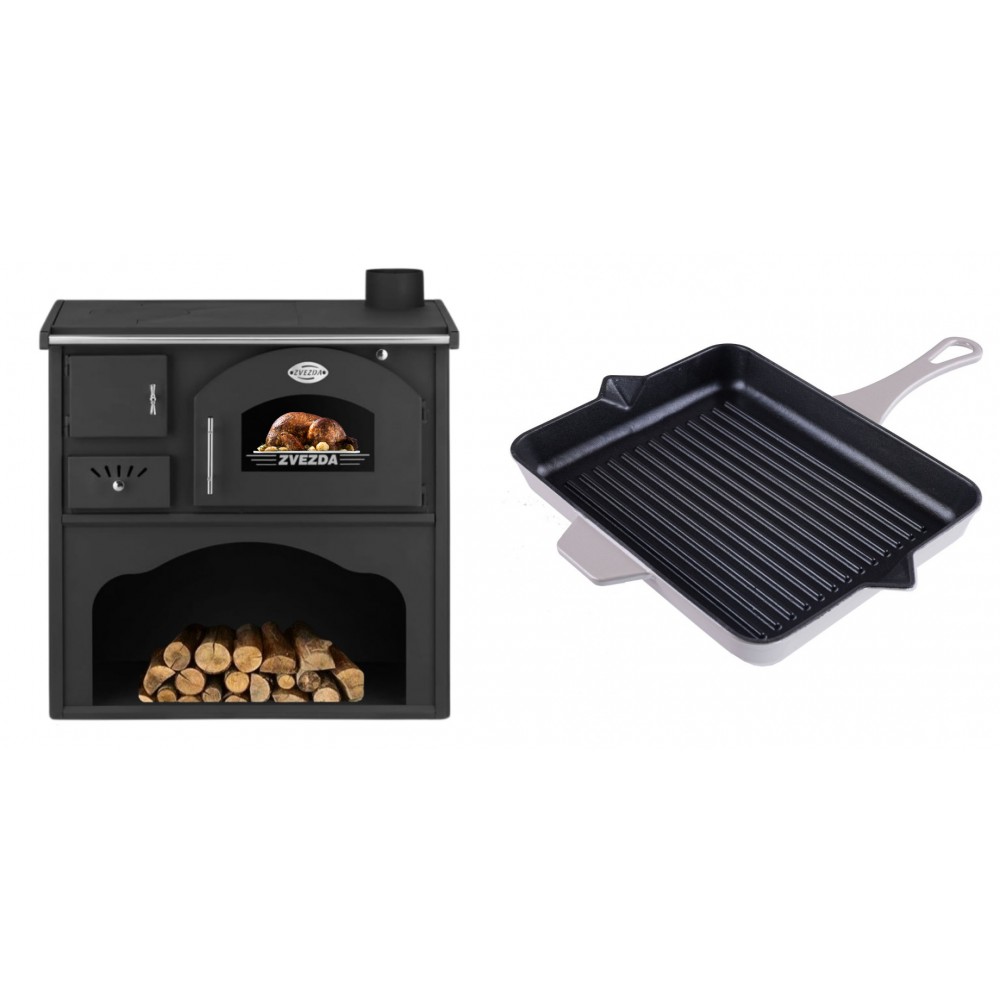 Set Küchenofen / Küchenhexe mit Backofen und Kochplatte Zvezda, Modell Classic GF, Leistung 5.9kW + Emaillierte grillpfanne Gusseisen Solagio, Ivory, 26x32cm