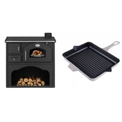 Set Küchenofen / Küchenhexe mit Backofen und Kochplatte Zvezda, Modell Classic GF, Leistung 5.9kW + Emaillierte grillpfanne Gusseisen Solagio, Ivory, 26x32cm - Kaminofen - Holzofen mit Backfach