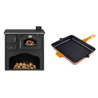 Set Küchenofen / Küchenhexe mit Backofen und Kochplatte Zvezda, Modell Classic GF, Leistung 5.9kW + Emaillierte grillpfanne Gusseisen Solagio, Dijon, 26x32cm - Kaminofen - Holzofen mit Backfach