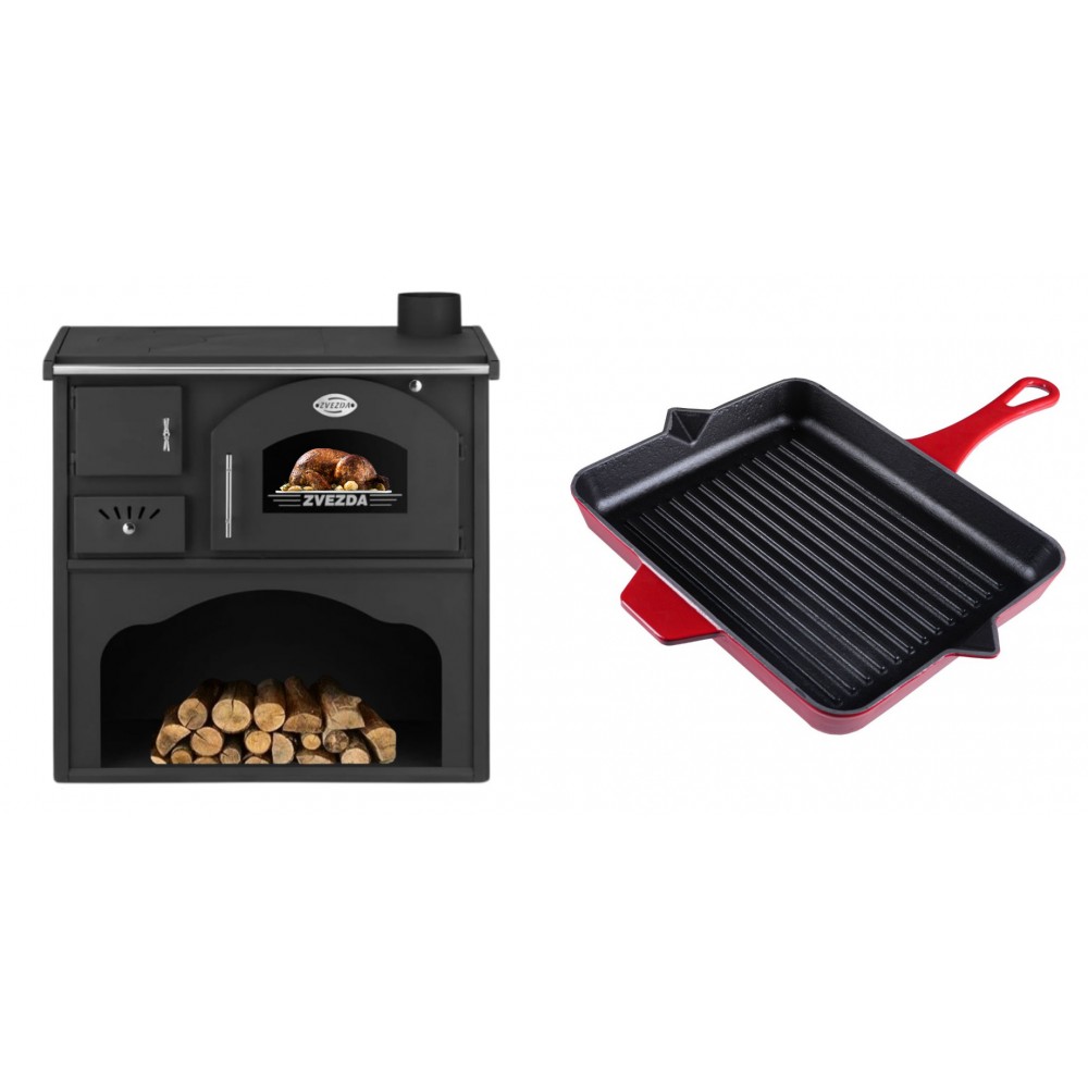 Set Küchenofen / Küchenhexe mit Backofen und Kochplatte Zvezda, Modell Classic GF, Leistung 5.9kW + Emaillierte grillpfanne Gusseisen Solagio, Rubin, 26x32cm