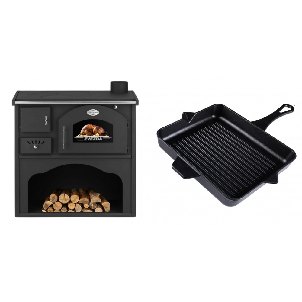 Set Küchenofen / Küchenhexe mit Backofen und Kochplatte Zvezda, Modell Classic GF, Leistung 5.9kW + Emaillierte grillpfanne Gusseisen Solagio, Black Onyx, 26x32cm