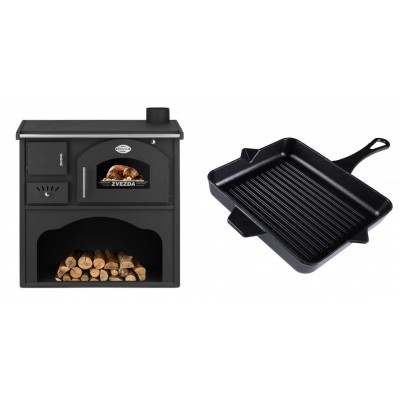 Set Küchenofen / Küchenhexe mit Backofen und Kochplatte Zvezda, Modell Classic GF, Leistung 5.9kW + Emaillierte grillpfanne Gusseisen Solagio, Black Onyx, 26x32cm - Kaminofen - Holzofen mit Backfach