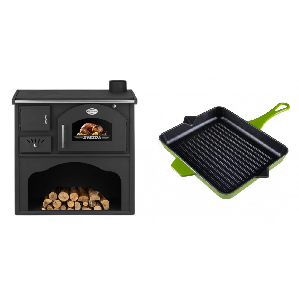 Set Küchenofen / Küchenhexe mit Backofen und Kochplatte Zvezda, Modell Classic GF, Leistung 5.9kW + Emaillierte grillpfanne Gusseisen Solagio, Bamboo, 26x32cm
