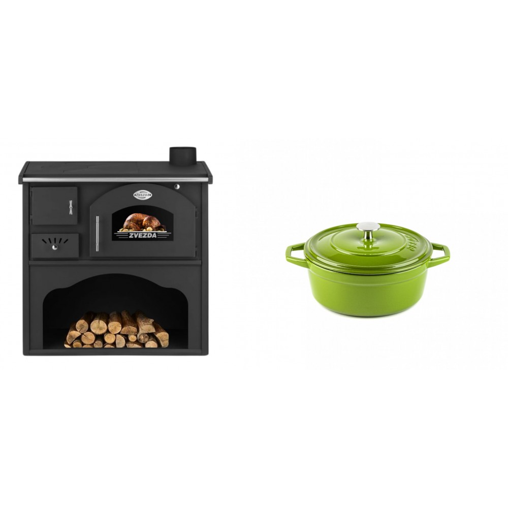 Set Küchenofen / Küchenhexe mit Backofen und Kochplatte Zvezda, Modell Classic GF, Leistung 5.9kW + Gusseisen Topf Tiefer Solagio, Bamboo, Ф12