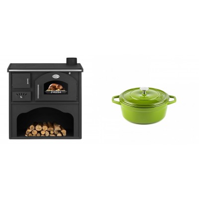 Set Küchenofen / Küchenhexe mit Backofen und Kochplatte Zvezda, Modell Classic GF, Leistung 5.9kW + Gusseisen Topf Tiefer Solagio, Bamboo, Ф12 - Kaminofen - Holzofen mit Backfach