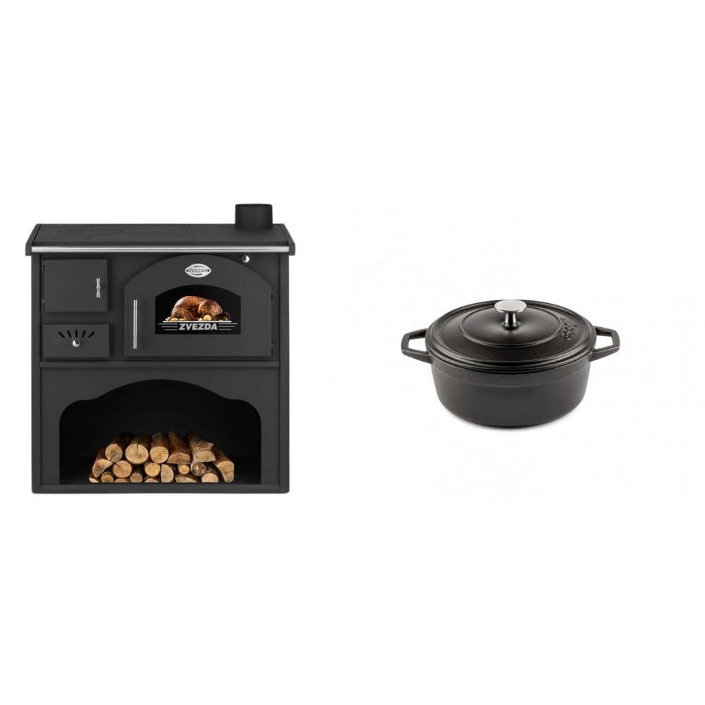 Set Küchenofen / Küchenhexe mit Backofen und Kochplatte Zvezda, Modell Classic GF, Leistung 5.9kW + Gusseisen Topf Tiefer Solagio, Black Onyx, Ф12