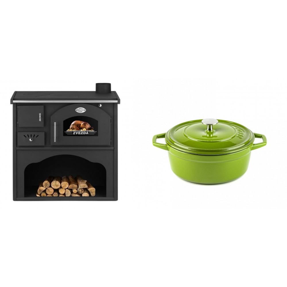Set Küchenofen / Küchenhexe mit Backofen und Kochplatte Zvezda, Modell Classic GF, Leistung 5.9kW + Gusseisen Topf Tiefer Solagio, Bamboo, Ф20 | Kaminofen - Holzofen mit Backfach | Kaminofen |