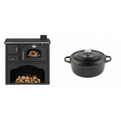 Set Küchenofen / Küchenhexe mit Backofen und Kochplatte Zvezda, Modell Classic GF, Leistung 5.9kW + Gusseisen Topf Tiefer Solagio, Black Onyx, Ф20 - Kaminofen - Holzofen mit Backfach