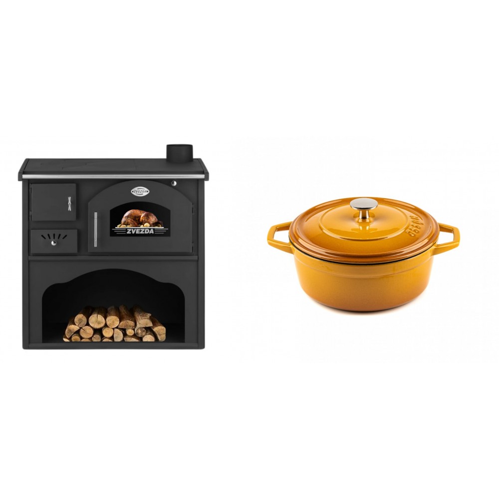 Set Küchenofen / Küchenhexe mit Backofen und Kochplatte Zvezda, Modell Classic GF, Leistung 5.9kW + Gusseisen Topf Tiefer Solagio, Dijon, Ф20 | Kaminofen - Holzofen mit Backfach | Kaminofen |