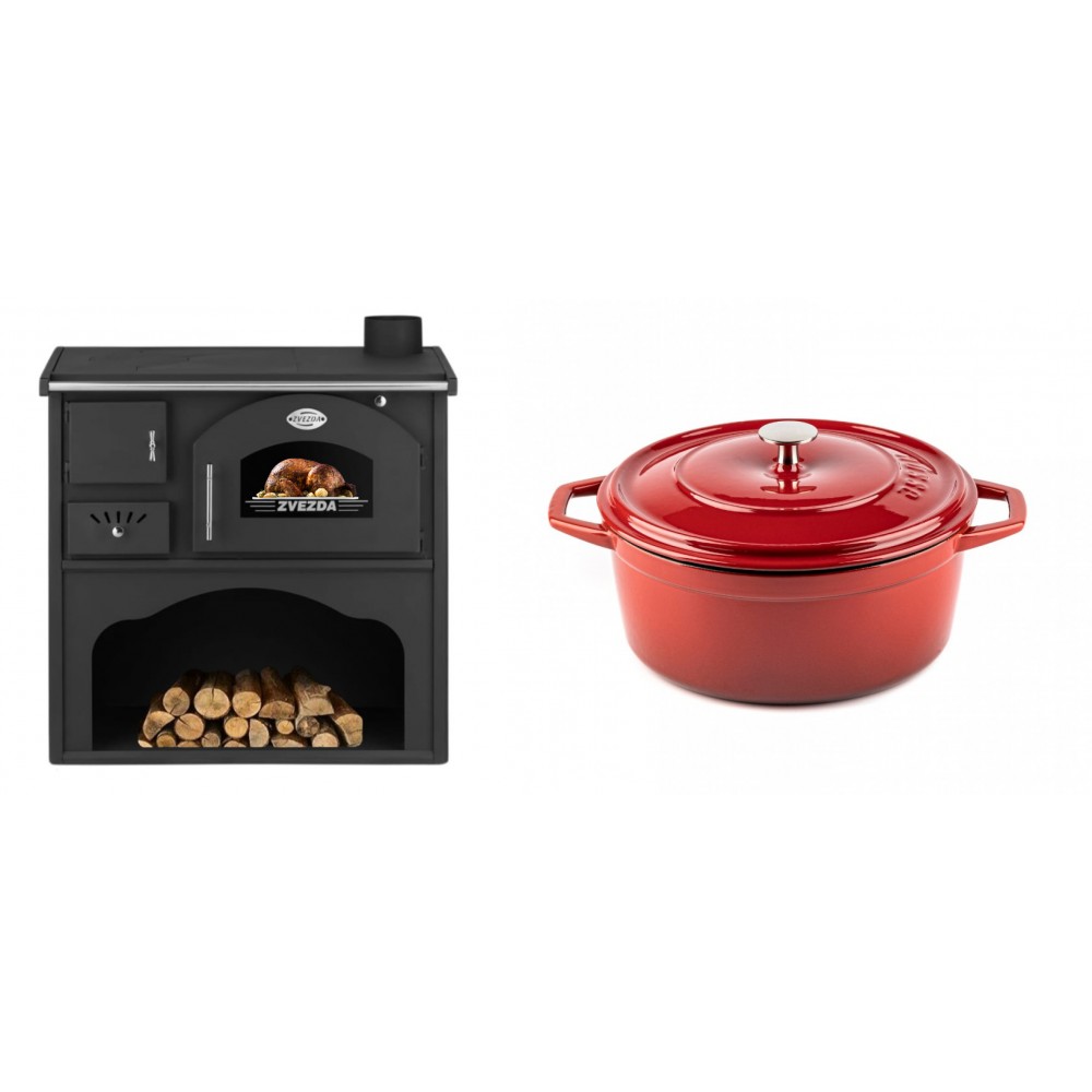 Set Küchenofen / Küchenhexe mit Backofen und Kochplatte Zvezda, Modell Classic GF, Leistung 5.9kW + Gusseisen Topf Tiefer Solagio, Rubin, Ф24