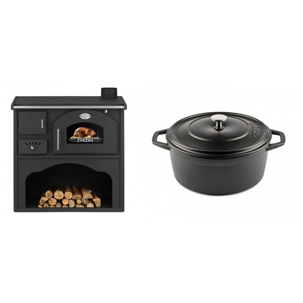 Set Küchenofen / Küchenhexe mit Backofen und Kochplatte Zvezda, Modell Classic GF, Leistung 5.9kW + Gusseisen Topf Tiefer Solagio, Black Onyx, Ф24 | Kaminofen - Holzofen mit Backfach | Kaminofen |