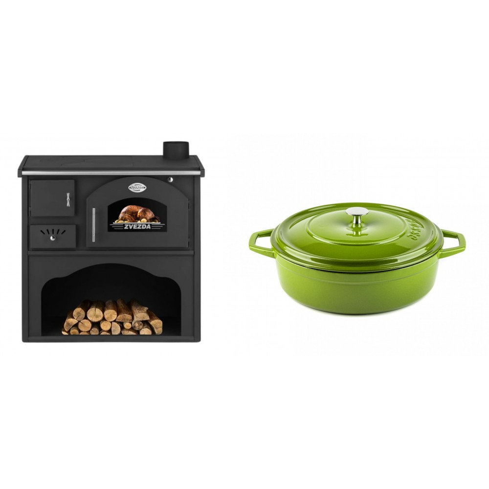 Set Küchenofen / Küchenhexe mit Backofen und Kochplatte Zvezda, Modell Classic GF, Leistung 5.9kW + Gusseisen Topf Flach Solagio, Bamboo, Ф26