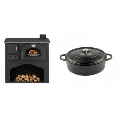 Set Küchenofen / Küchenhexe mit Backofen und Kochplatte Zvezda, Modell Classic GF, Leistung 5.9kW + Gusseisen Topf Flach Solagio, Black Onyx, Ф26 - Kaminofen - Holzofen mit Backfach