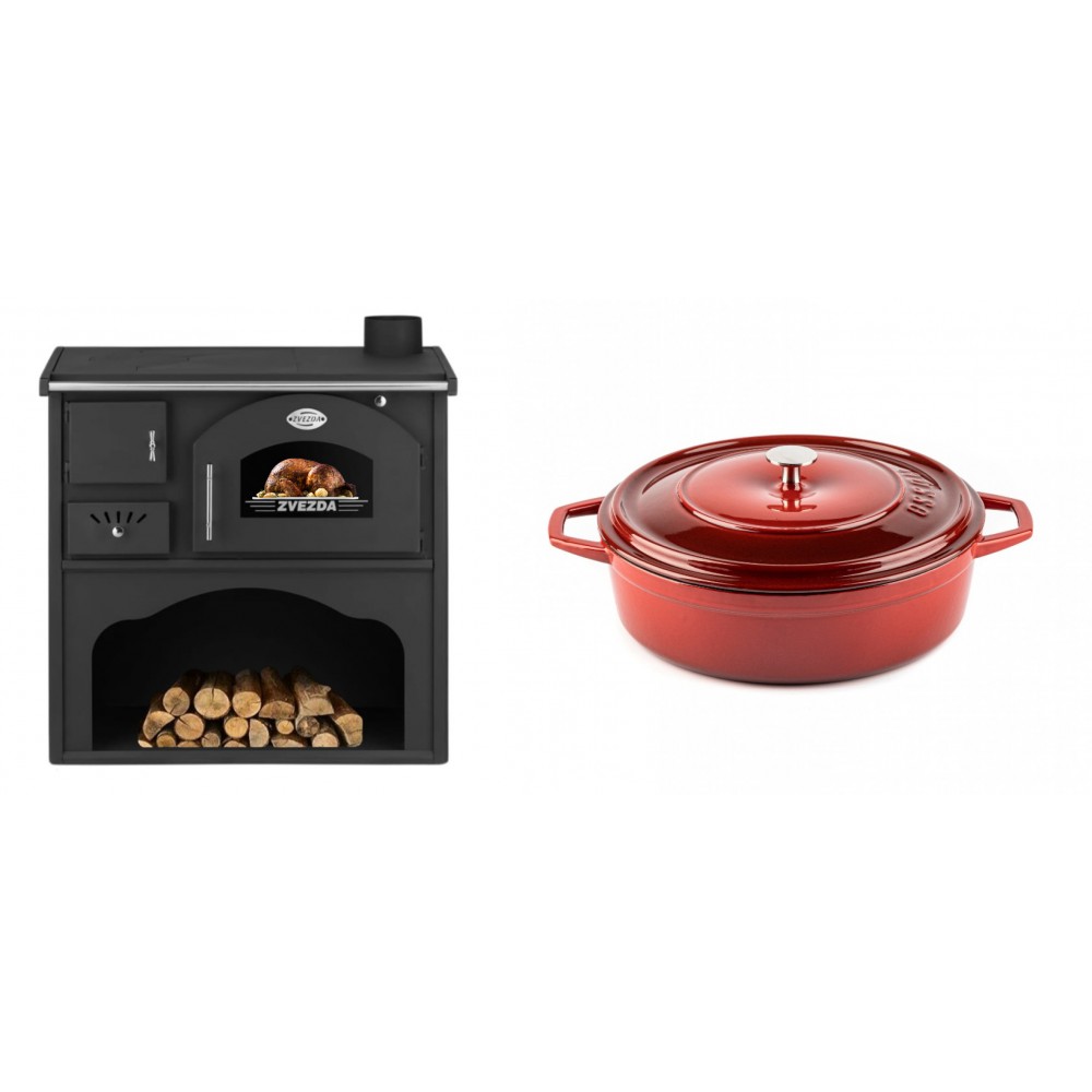 Set Küchenofen / Küchenhexe mit Backofen und Kochplatte Zvezda, Modell Classic GF, Leistung 5.9kW + Gusseisen Topf Flach Solagio, Rubin, Ф26