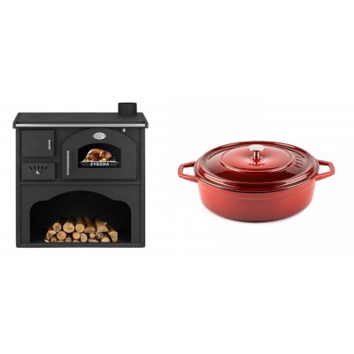 Set Küchenofen / Küchenhexe mit Backofen und Kochplatte Zvezda, Modell Classic GF, Leistung 5.9kW + Gusseisen Topf Flach Solagio, Rubin, Ф26 - Kaminofen - Holzofen mit Backfach
