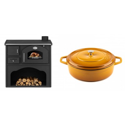 Set Küchenofen / Küchenhexe mit Backofen und Kochplatte Zvezda, Modell Classic GF, Leistung 5.9kW + Gusseisen Topf Flach Solagio, Dijon, Ф28 - Kaminofen - Holzofen mit Backfach