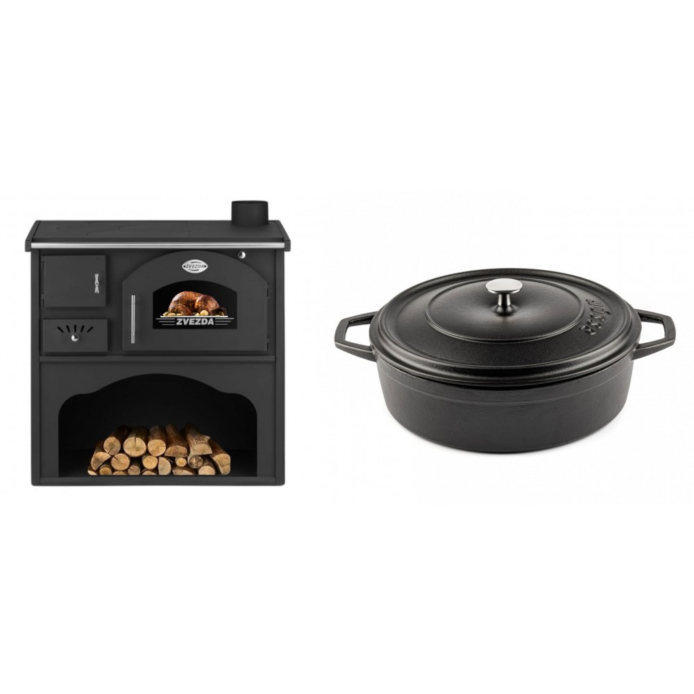 Set Küchenofen / Küchenhexe mit Backofen und Kochplatte Zvezda, Modell Classic GF, Leistung 5.9kW + Gusseisen Topf Flach Solagio, Black Onyx, Ф28