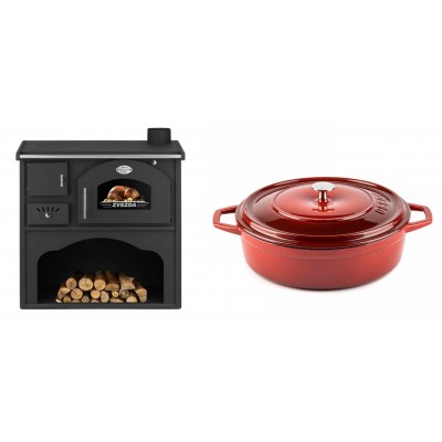 Set Küchenofen / Küchenhexe mit Backofen und Kochplatte Zvezda, Modell Classic GF, Leistung 5.9kW + Gusseisen Topf Flach Solagio, Rubin, Ф28 - Kaminofen - Holzofen mit Backfach
