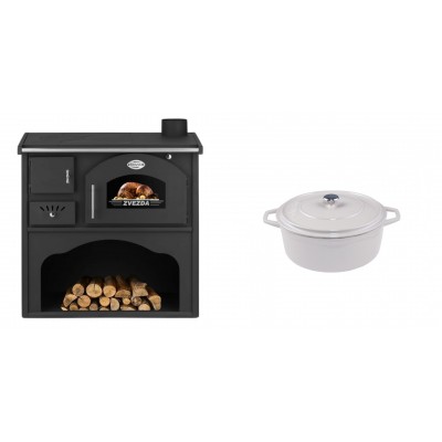 Set Küchenofen / Küchenhexe mit Backofen und Kochplatte Zvezda, Modell Classic GF, Leistung 5.9kW + Gusseisen Topf Tiefer Solagio, Ivory, Ф12 - Kaminofen - Holzofen mit Backfach