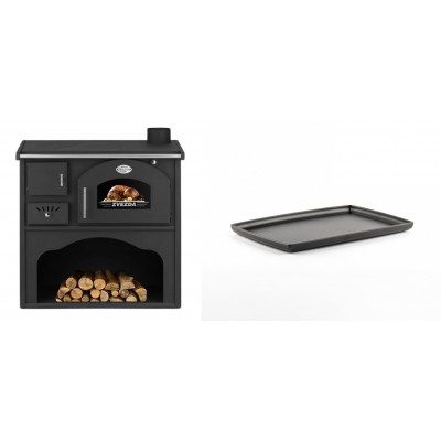 Set Küchenofen / Küchenhexe mit Backofen und Kochplatte Zvezda, Modell Classic GF, Leistung 5.9kW + Rechteckige Servierplatte aus Gusseisen Solagio, 21x31cm - Kaminofen - Holzofen mit Backfach