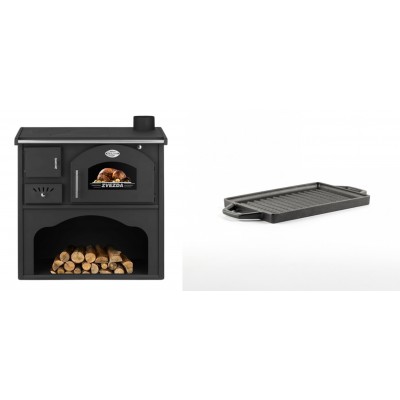 Set Küchenofen / Küchenhexe mit Backofen und Kochplatte Zvezda, Modell Classic GF, Leistung 5.9kW + Mini-Grillplatte aus Gusseisen Solagio, 15.5x22.5cm - Kaminofen - Holzofen mit Backfach