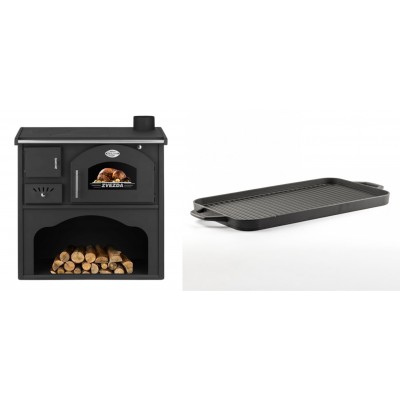 Set Küchenofen / Küchenhexe mit Backofen und Kochplatte Zvezda, Modell Classic GF, Leistung 5.9kW + Große Grillplatte aus Gusseisen Solagio, 25x44cm - Kaminofen - Holzofen mit Backfach