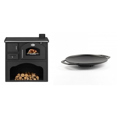 Set Küchenofen / Küchenhexe mit Backofen und Kochplatte Zvezda, Modell Classic GF, Leistung 5.9kW + Backplatte aus Gusseisen Solagio, Ф28cm - Kaminofen - Holzofen mit Backfach