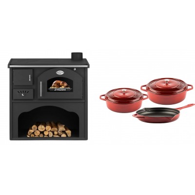 Set Küchenofen / Küchenhexe mit Backofen und Kochplatte Zvezda, Modell Classic GF, Leistung 5.9kW + Gusseisen Topf Set aus 3 teilen Solagio, Rubin - Kaminofen - Holzofen mit Backfach