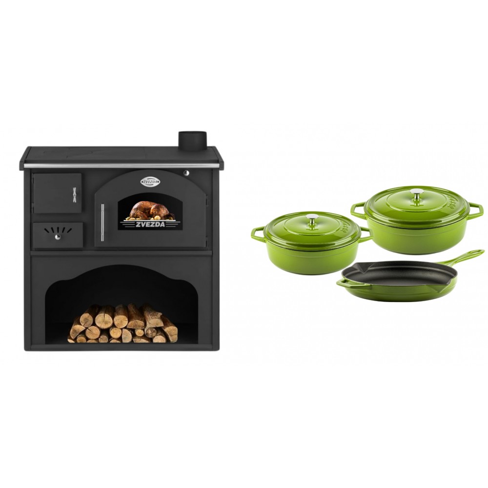Set Küchenofen / Küchenhexe mit Backofen und Kochplatte Zvezda, Modell Classic GF, Leistung 5.9kW + Gusseisen Topf Set aus 3 teilen Solagio, Bamboo