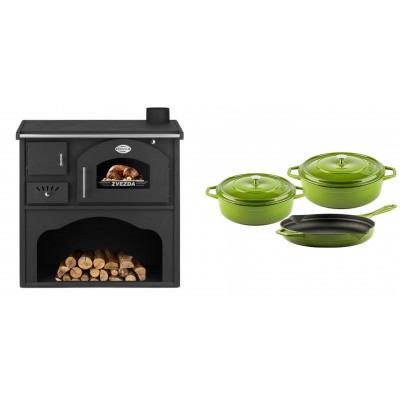 Set Küchenofen / Küchenhexe mit Backofen und Kochplatte Zvezda, Modell Classic GF, Leistung 5.9kW + Gusseisen Topf Set aus 3 teilen Solagio, Bamboo - Kaminofen - Holzofen mit Backfach