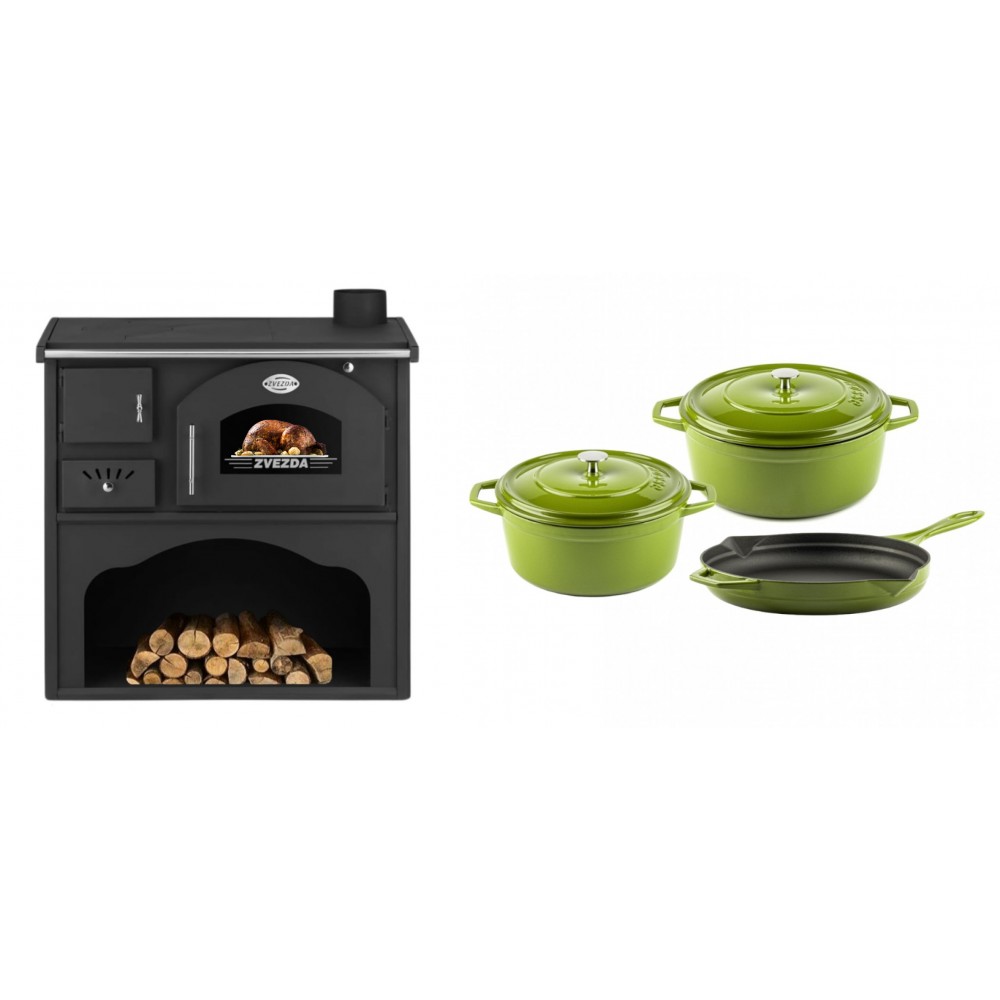 Set Küchenofen / Küchenhexe mit Backofen und Kochplatte Zvezda, Modell Classic GF, Leistung 5.9kW + Gusseisen Topf Set aus 3 teilen Solagio, Bamboo
