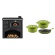 Set Küchenofen / Küchenhexe mit Backofen und Kochplatte Zvezda, Modell Classic GF, Leistung 5.9kW + Gusseisen Topf Set aus 3 teilen Solagio, Bamboo | Kaminofen - Holzofen mit Backfach | Kaminofen |