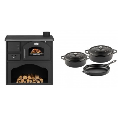 Set Küchenofen / Küchenhexe mit Backofen und Kochplatte Zvezda, Modell Classic GF, Leistung 5.9kW + Gusseisen Topf Set aus 3 teilen Solagio, Black Onyx - Kaminofen - Holzofen mit Backfach