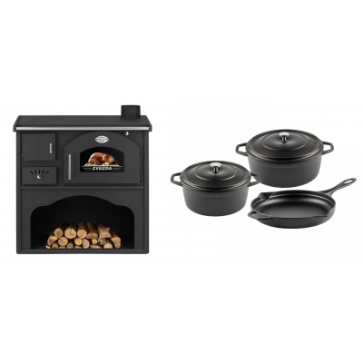 Set Küchenofen / Küchenhexe mit Backofen und Kochplatte Zvezda, Modell Classic GF, Leistung 5.9kW + Gusseisen Topf Set aus 3 teilen Solagio, Black Onyx - Kaminofen - Holzofen mit Backfach