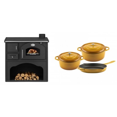 Set Küchenofen / Küchenhexe mit Backofen und Kochplatte Zvezda, Modell Classic GF, Leistung 5.9kW + Gusseisen Topf Set aus 3 teilen Solagio, Dijon - Kaminofen - Holzofen mit Backfach