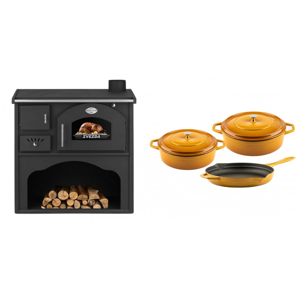 Set Küchenofen / Küchenhexe mit Backofen und Kochplatte Zvezda, Modell Classic GF, Leistung 5.9kW + Gusseisen Topf Set aus 3 teilen Solagio, Dijon