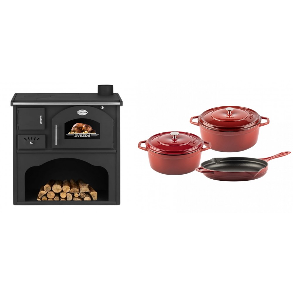 Set Küchenofen / Küchenhexe mit Backofen und Kochplatte Zvezda, Modell Classic GF, Leistung 5.9kW + Gusseisen Topf Set aus 3 teilen Solagio, Rubin