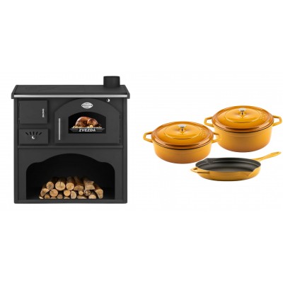 Set Küchenofen / Küchenhexe mit Backofen und Kochplatte Zvezda, Modell Classic GF, Leistung 5.9kW + Gusseisen Topf Set aus 3 teilen Solagio, Dijon - Kaminofen - Holzofen mit Backfach