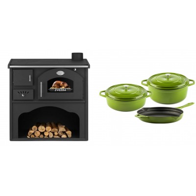 Set Küchenofen / Küchenhexe mit Backofen und Kochplatte Zvezda, Modell Classic GF, Leistung 5.9kW + Gusseisen Topf Set aus 3 teilen Solagio, Bamboo - Kaminofen - Holzofen mit Backfach