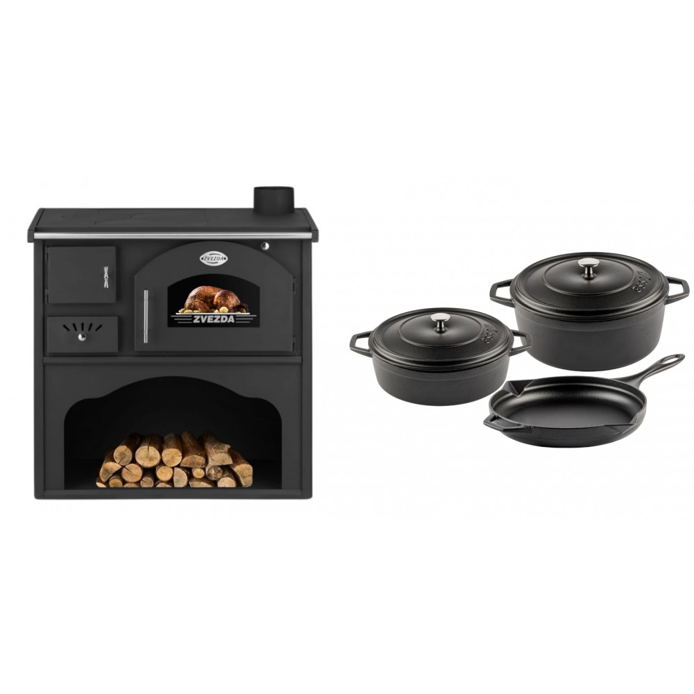 Set Küchenofen / Küchenhexe mit Backofen und Kochplatte Zvezda, Modell Classic GF, Leistung 5.9kW + Gusseisen Topf Set aus 3 teilen Solagio, Black Onyx | Kaminofen - Holzofen mit Backfach | Kaminofen |