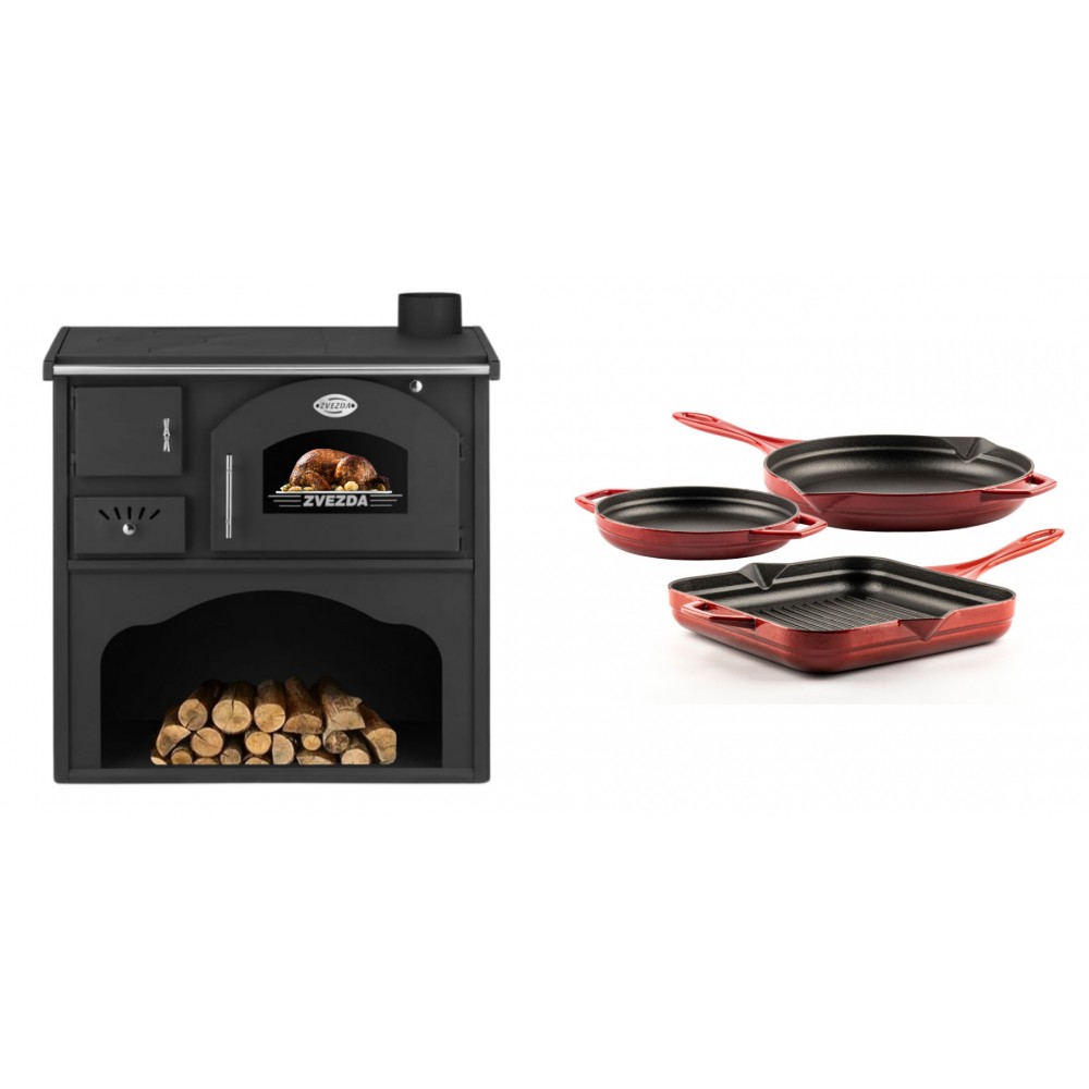 Set Küchenofen / Küchenhexe mit Backofen und Kochplatte Zvezda, Modell Classic GF, Leistung 5.9kW + Gusseisen Topf Set aus 3 teilen Solagio, Rubin