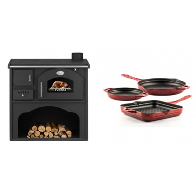 Set Küchenofen / Küchenhexe mit Backofen und Kochplatte Zvezda, Modell Classic GF, Leistung 5.9kW + Gusseisen Topf Set aus 3 teilen Solagio, Rubin - Kaminofen - Holzofen mit Backfach