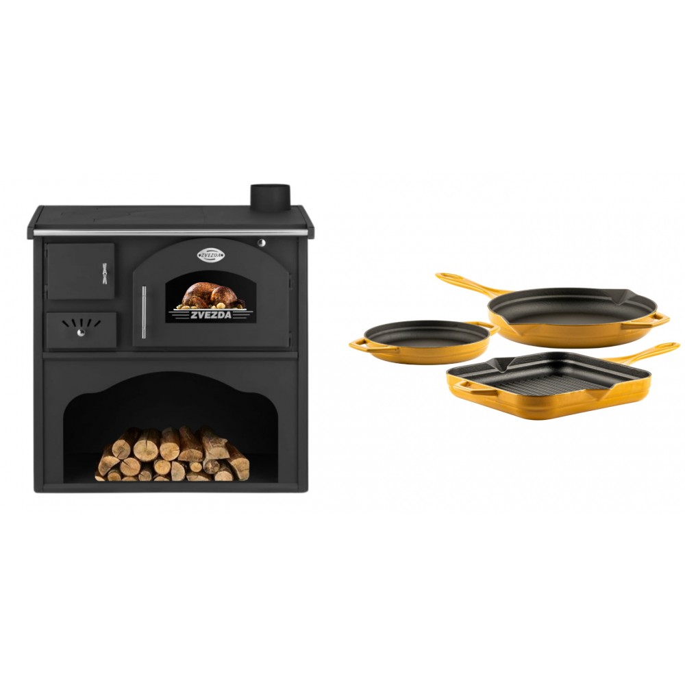 Set Küchenofen / Küchenhexe mit Backofen und Kochplatte Zvezda, Modell Classic GF, Leistung 5.9kW + Gusseisen Topf Set aus 3 teilen Solagio, Dijon | Kaminofen - Holzofen mit Backfach | Kaminofen |