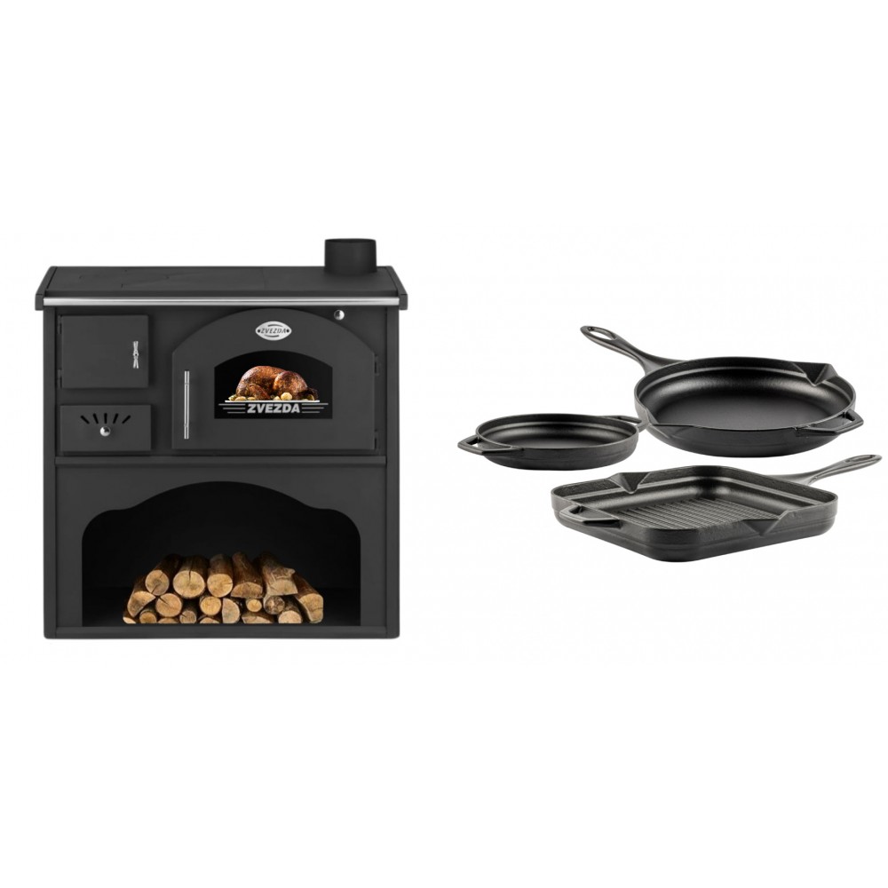 Set Küchenofen / Küchenhexe mit Backofen und Kochplatte Zvezda, Modell Classic GF, Leistung 5.9kW + Gusseisen Topf Set aus 3 teilen Solagio, Black Onyx
