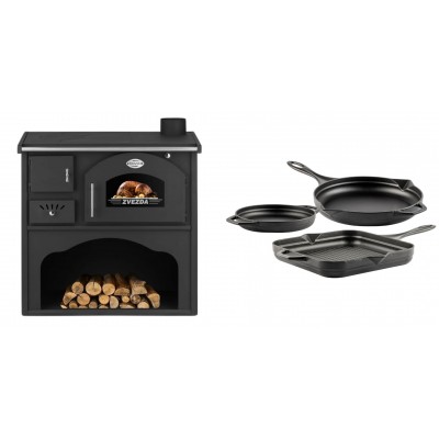 Set Küchenofen / Küchenhexe mit Backofen und Kochplatte Zvezda, Modell Classic GF, Leistung 5.9kW + Gusseisen Topf Set aus 3 teilen Solagio, Black Onyx - Kaminofen - Holzofen mit Backfach