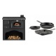Set Küchenofen / Küchenhexe mit Backofen und Kochplatte Zvezda, Modell Classic GF, Leistung 5.9kW + Gusseisen Topf Set aus 3 teilen Solagio, Black Onyx | Kaminofen - Holzofen mit Backfach | Kaminofen |