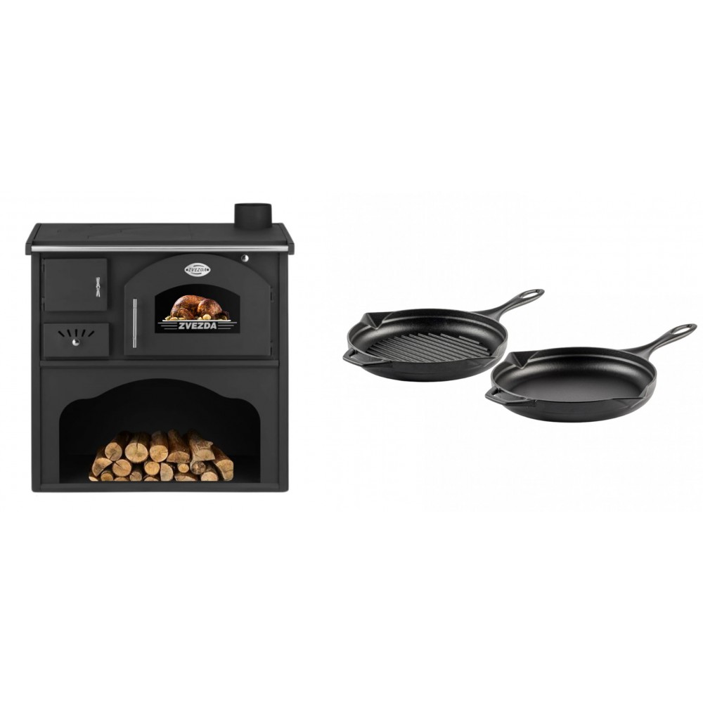Set Küchenofen / Küchenhexe mit Backofen und Kochplatte Zvezda, Modell Classic GF, Leistung 5.9kW + Gusseisen Topf Set aus 2 teilen Solagio, Black Onyx | Kaminofen - Holzofen mit Backfach | Kaminofen |