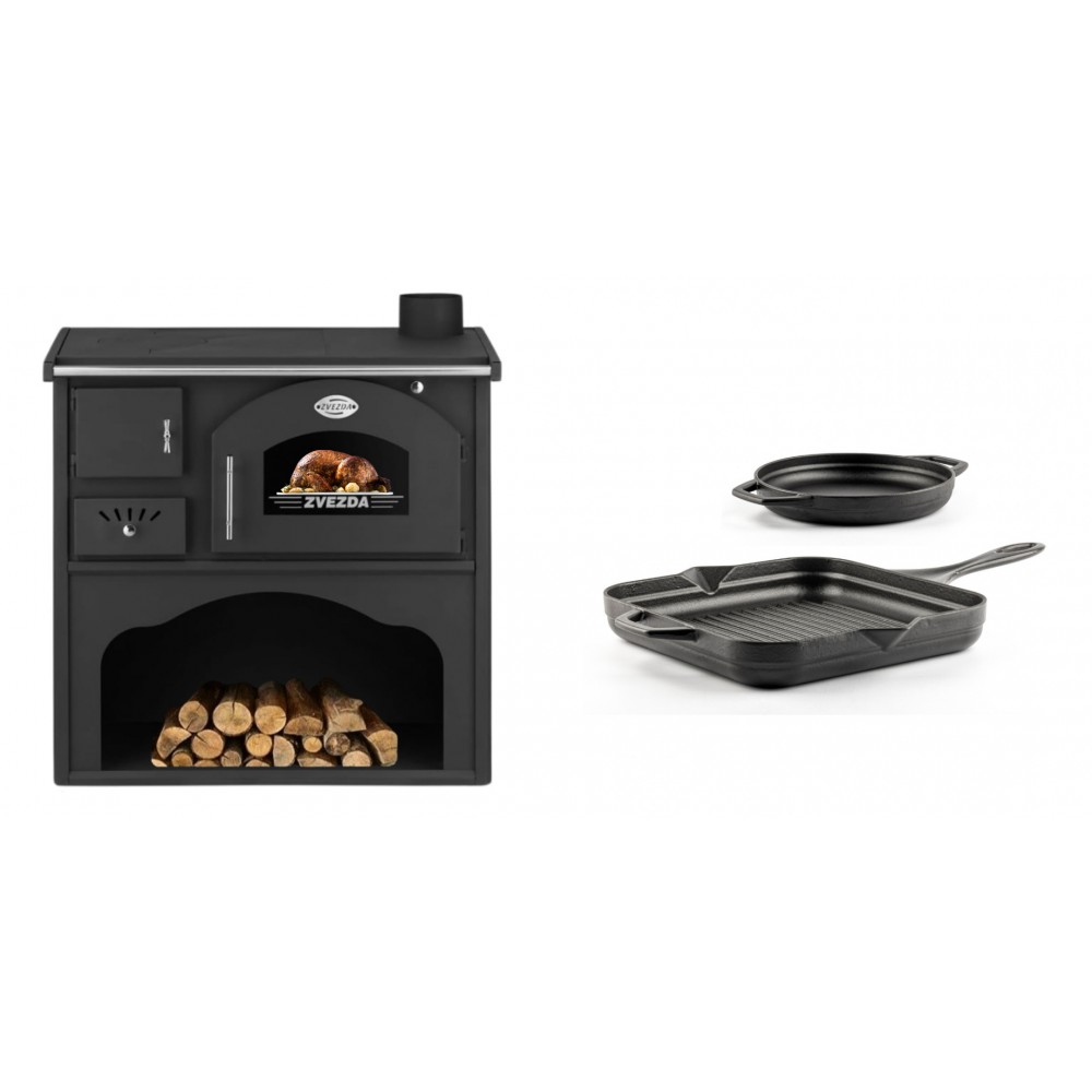 Set Küchenofen / Küchenhexe mit Backofen und Kochplatte Zvezda, Modell Classic GF, Leistung 5.9kW + Gusseisen Topf Set aus 2 teilen Solagio, Black Onyx